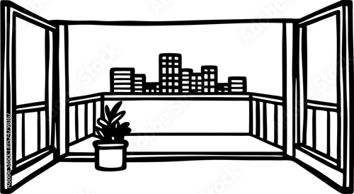 Open balcony view with city skyline hand drawn urban outdoor terrace, potted plant, clear sky, modern apartment inspiration