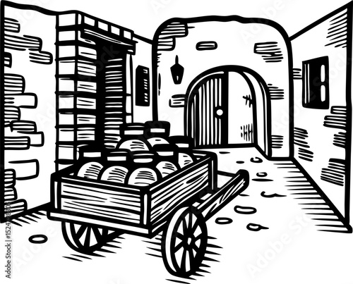 Rustic bread cart in old stone courtyard hand drawn vintage wagon with fresh loaves, historical bakery scene