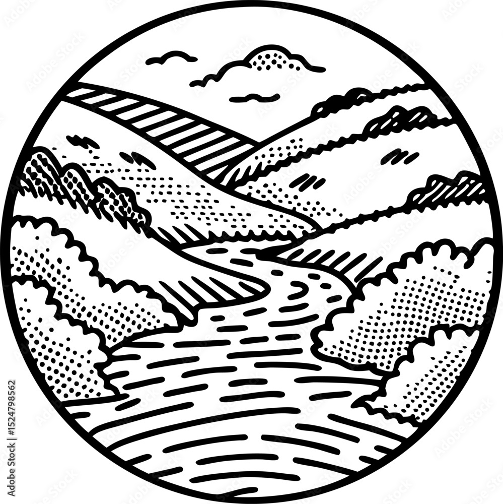 Fototapeta premium Scenic river flowing through rolling hills and countryside landscape, black and white line art illustration