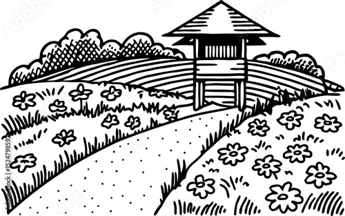 Watchtower on countryside hill with path and wildflowers rural landscape, bushes, and fields in spring scene