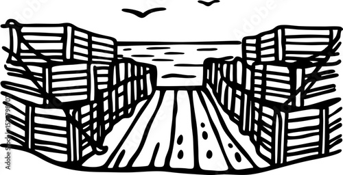 Wooden crates stacked at dockside by the sea, shipping export, transportation, seaport logistics illustration