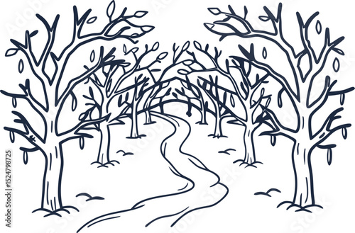 Leafless tree avenue with winding path, hand drawn sketch winter nature, forest outline illustration, linear