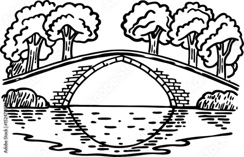 Curved stone bridge spanning river with tree lined banks arched reflection in calm water, tranquil natural landscape