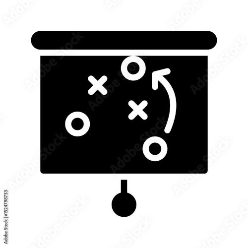 A modern, bold black glyph strategy board icon. This solid vector represents tactics, planning, and coaching in football or soccer. Ideal for sports apps, game analysis, and training.