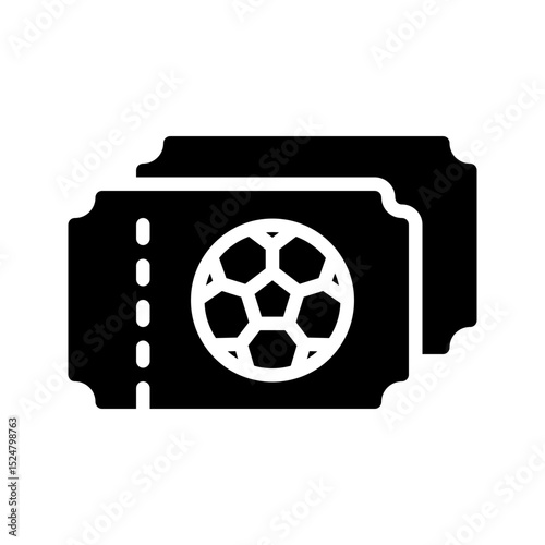 A modern, bold black glyph match ticket icon. This solid vector represents entry passes, events, and attendance for football or soccer games. Ideal for ticketing apps and event promotion.