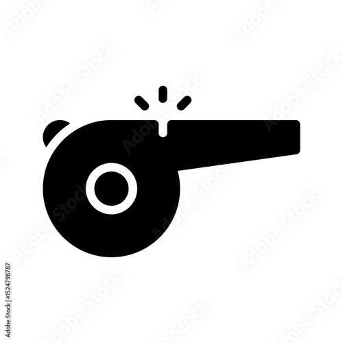 A modern, bold black glyph whistle icon. This solid vector represents referee signals, game start, and rules enforcement in football or soccer. Ideal for sports apps and game UIs.