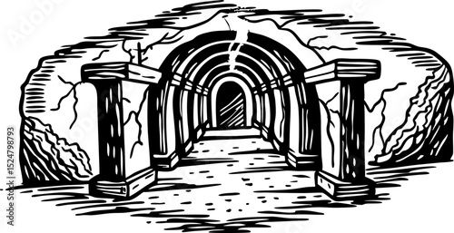 Ancient stone tunnel entrance with columns, hand drawn sketch of underground cave or passage illustration