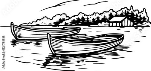 Rowboats floating on calm water near forested shoreline and wooden cabin, peaceful lakeside scene illustration