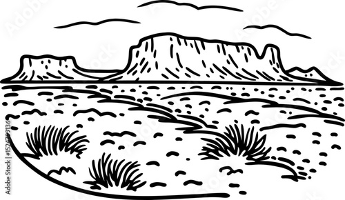 Desert mesa landscape illustration with sparse vegetation and distant mountains under cloudy sky