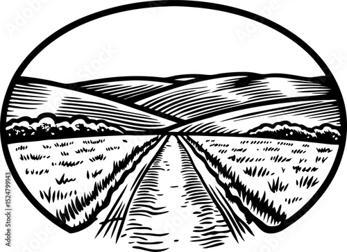 Rural country road leading through open fields to rolling hills farm landscape, nature travel, countryside view illustration