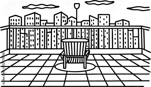 Empty chair on rooftop terrace overlooking city skyline, urban relaxation and solitude with buildings and sky