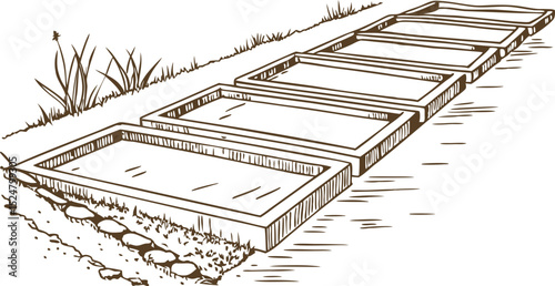 Rectangular outdoor garden beds arranged in a row raised soil planting boxes, landscaping for vegetables or flowers