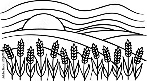 Wheat field outline with rising sun and rolling hills agricultural rural landscape, grain harvest concept