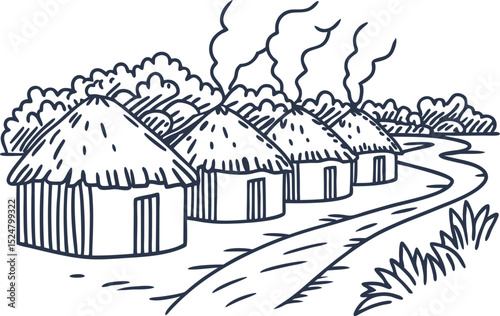 Traditional rural village huts with thatched roofs and smoke, surrounded by trees and winding path landscape