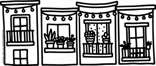 Urban balcony row with plants and string lights hand drawn city apartment exterior with windows and decorations