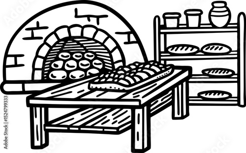 Traditional bread baking scene with rustic oven, fresh loaves, clay pots, wooden table, and storage shelves