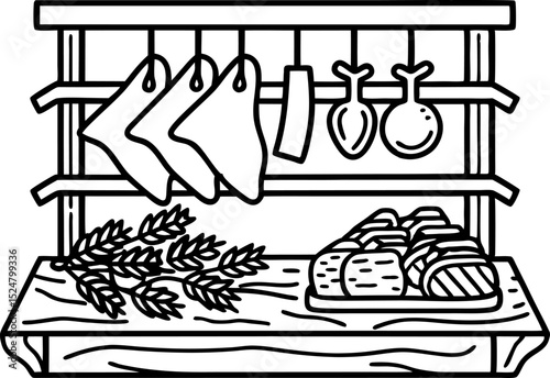 Cured meats and bread assortment on rustic wooden table, hanging sausages and herbs, delicatessen concept