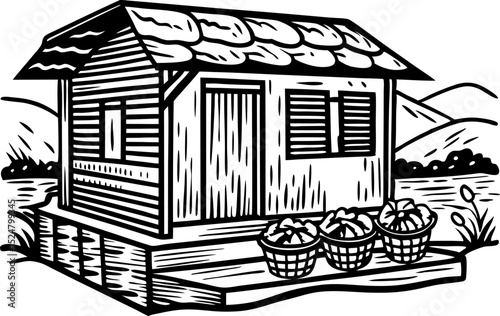 Traditional wooden hut with baskets of harvested crops by a river and hills, hand drawn rural scene illustration