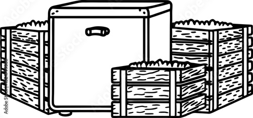 Wooden crates filled with produce stacked beside a metal storage box harvest, agriculture, food packaging concept