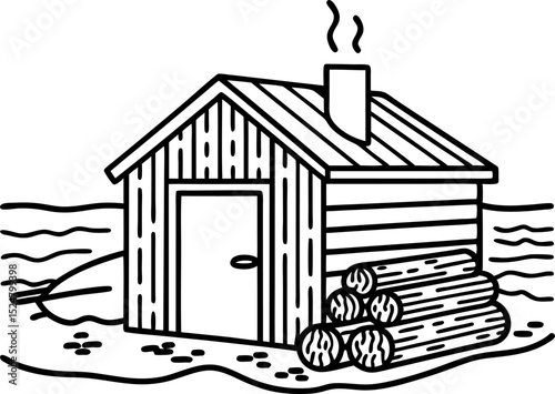 Wooden cabin near riverbank with stacked firewood, smoke rising from chimney, peaceful rural scene