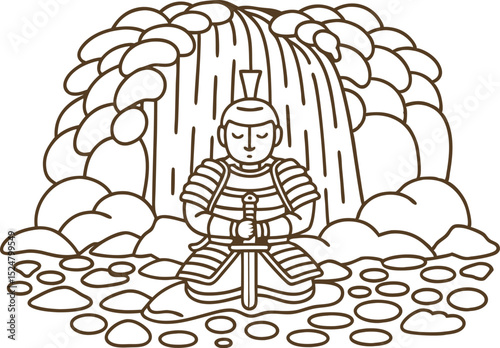 Samurai warrior meditating under waterfall traditional armor, sword and tranquil nature scene, calm mindfulness
