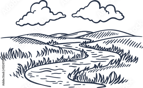 Winding river flowing through grassy landscape with hills and clouds nature scene, peaceful rural countryside view