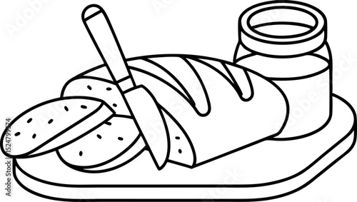 Fresh bread loaf with sliced pieces, butter knife, and jar on wooden cutting board outline illustration
