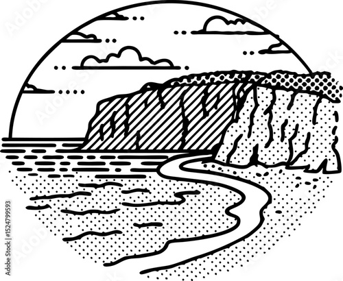 scenic coastal cliffs with winding shoreline under partly cloudy sky, tranquil ocean landscape illustration