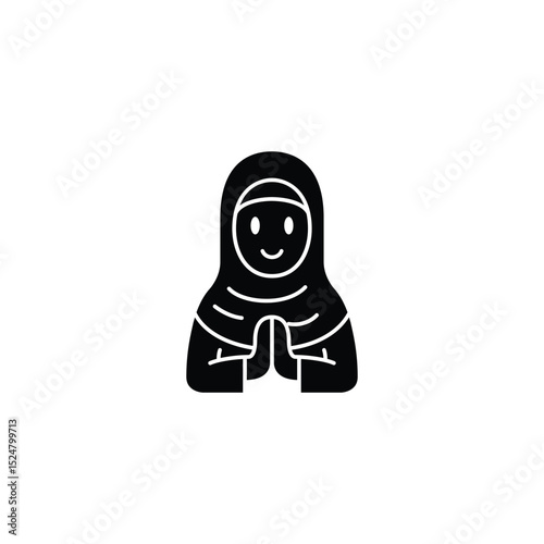 A simple black and white icon of a smiling Muslim woman wearing a hijab and praying.