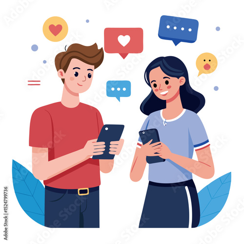 Cartoon Couple Using Smartphones with Social Media Notifications and Leaf Decorations, Smiling