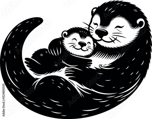 Otter Mother and Baby Cuddling in Black and White