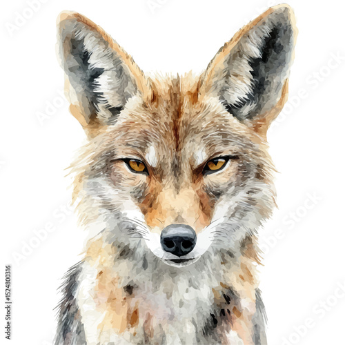 Jackal Close Up, watercolor clipart vector, high quality, isolated on a white background.