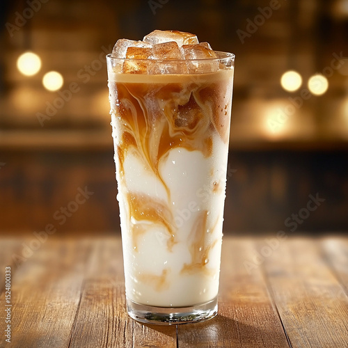 A chilled glass of cola filled with ice cubes sits on a rustic wooden table, its bubbles rising gently. Light reflects off the glass, creating a perfect summer refreshment moment.

