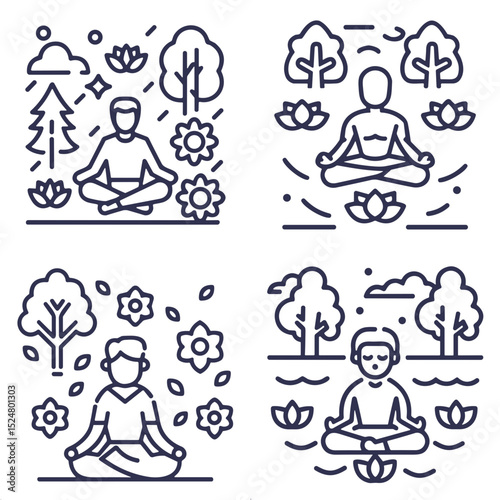 Meditation in nature icon set for wellness blogs, mental health, educational sites, relaxation guides