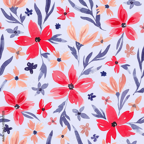 Fototapeta Naklejka Na Ścianę i Meble -  Abstract floral seamless pattern hand drawn with watercolor. Bright red, beige, purple leaves and flowers. Repeat print for textile, fabric, clothing. Spring, summer floral tile. Aquarelle drawing