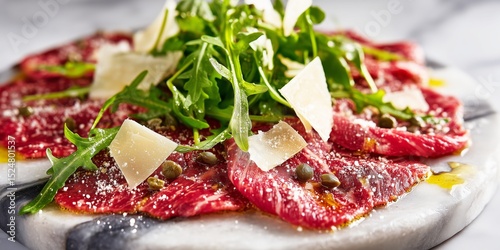 Wagyu beef carpaccio with arugula, cheese and truffle in fine dining