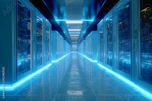 A brightly lit server room showcases rows of server racks  highlighting data center infrastructure and digital information management.