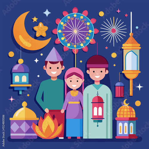 Colorful Diwali celebration with family, fireworks, and lanterns. Traditional Indian festival. Flat cartoon vector illustration.