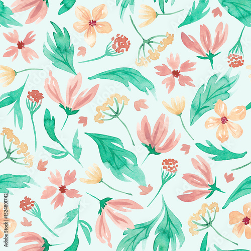 Fototapeta Naklejka Na Ścianę i Meble -  Meadow seamless pattern hand drawn with watercolor. Light yellow, red, beige abstract flowers and mint leaves. Repeat floral print for textile, fabric, clothing. Spring, summer floral tile