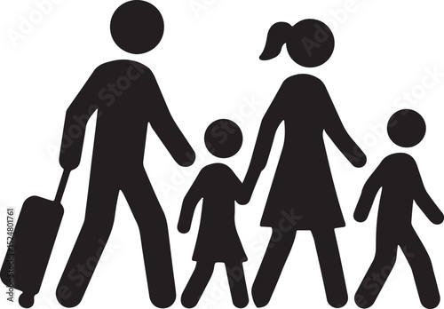 Family traveling together silhouette vector EPS icon. Perfect for vacation, trip, tourism, and holiday designs.