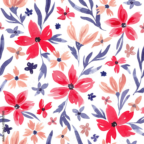 Fototapeta Naklejka Na Ścianę i Meble -  Abstract floral seamless pattern hand drawn with watercolor. Bright red, beige, purple leaves and flowers. Repeat print for textile, fabric, clothing. Spring, summer floral tile. Aquarelle drawing