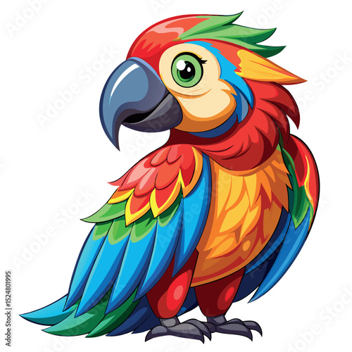 Cartoon Parrot Illustration Red, Blue, Yellow, and Green Plumage, Isolated on White