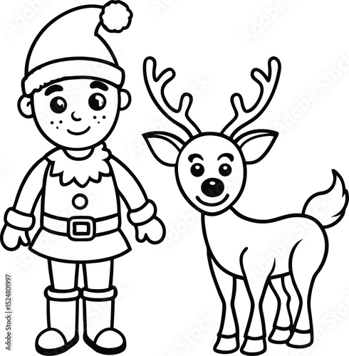 Cute Christmas Elf and Reindeer Coloring Page for Kids