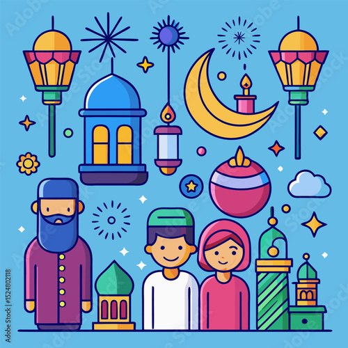 Colorful Diwali celebration with family, fireworks, and lanterns. Traditional Indian festival. Flat cartoon vector illustration.