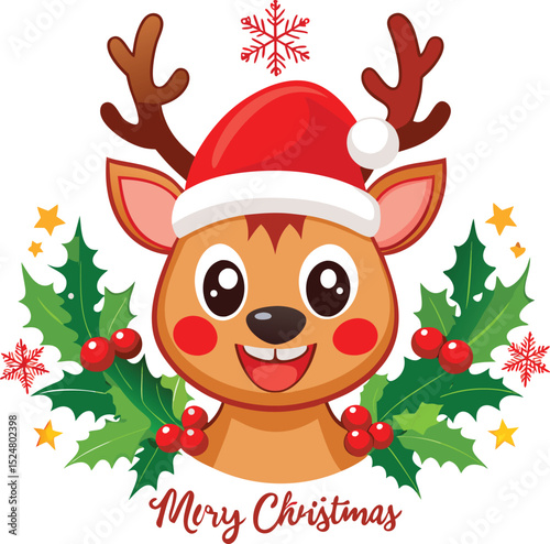Cute Cartoon Reindeer with Santa Hat and Holly for Christmas
