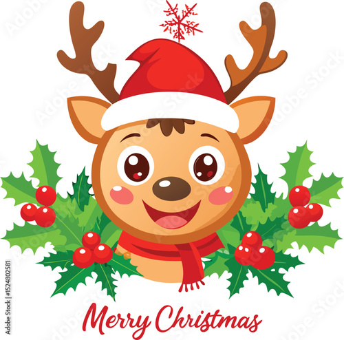 Cute Cartoon Reindeer with Christmas Hat and Holly Berries Illustration