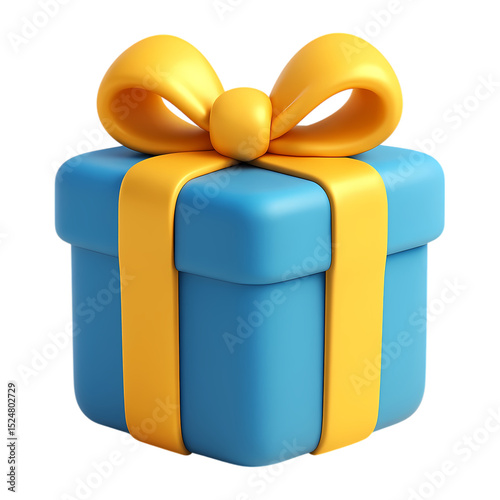Blue gift box with yellow ribbon and bow 3d icon transparent background