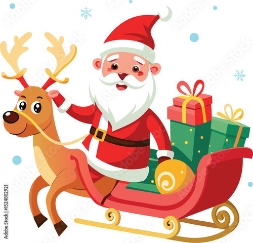Cartoon Santa Claus on Sleigh with Reindeer and Christmas Gifts