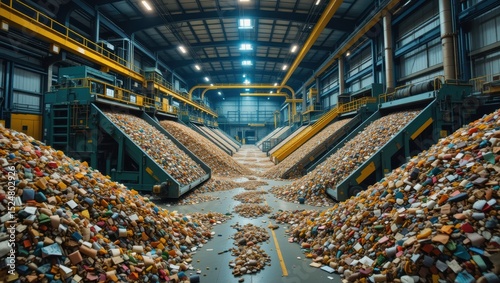 Industrial Recycling Facility with Large Piles of Waste and Material Sorting Equipment in Action