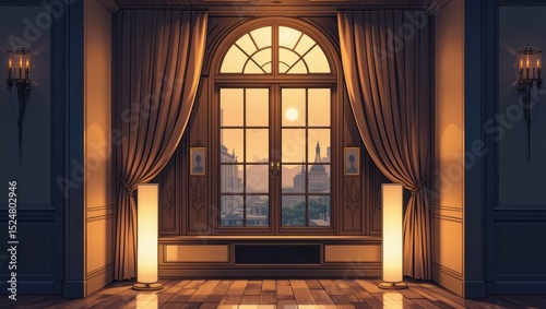 Elegant Interior View Of A Room At Sunset With Cityscape Through The Window And Soft Lighting